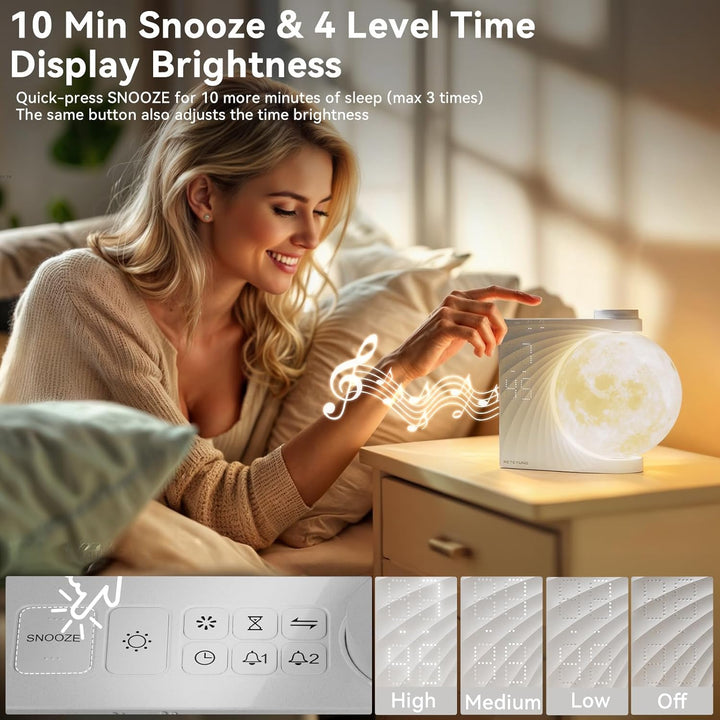 Moon Lamp Sunrise Alarm Clock, 2 Alarm Clocks, Wake up Light 8 Atmosphere Colours, Natural Sound Bedside Lamp, 3 Levels of Brightness Night Light Gifts for Women Girls Boys, Home Decoration.