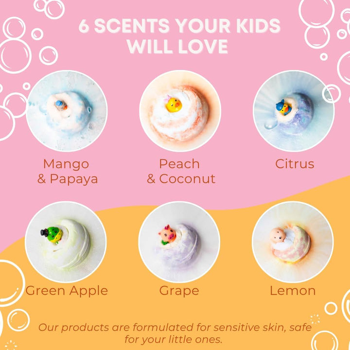 6Pcs Kids Bath Bombs Set with 6 Toys & 2 Rubber Ducks – Fun Bath Bombs for Kids with Surprise Toys inside & 6 Bathtime Stories – Safe for Sensitive Skin & Birthday Gift for Boys & Girls