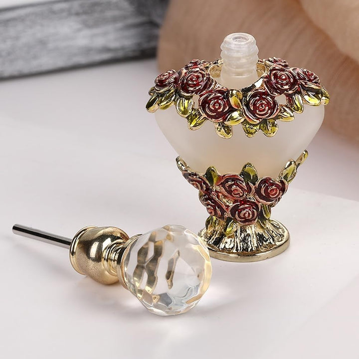 Decorative Refillable Empty Bottles,Metal Base Heart-Shaped Rose Essential Oil Glass Bottle for Home Decor (Style 1)