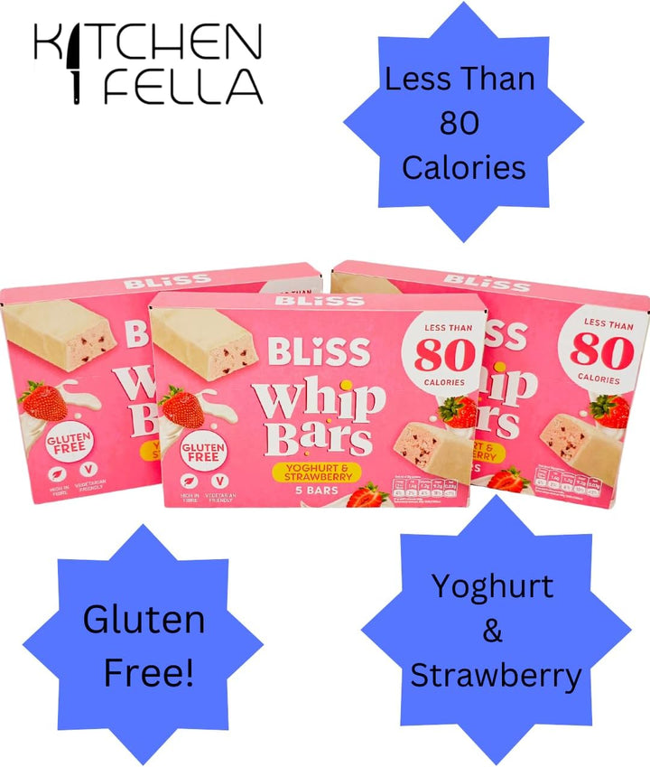 Gluten Free Bliss Whip Bars Strawberry & Yoghurt | under 80 Calories | High Fibre | Vegetarian Cereal Bars | 3 X 5 Packs with  14-Day Healthy Eating Challenge