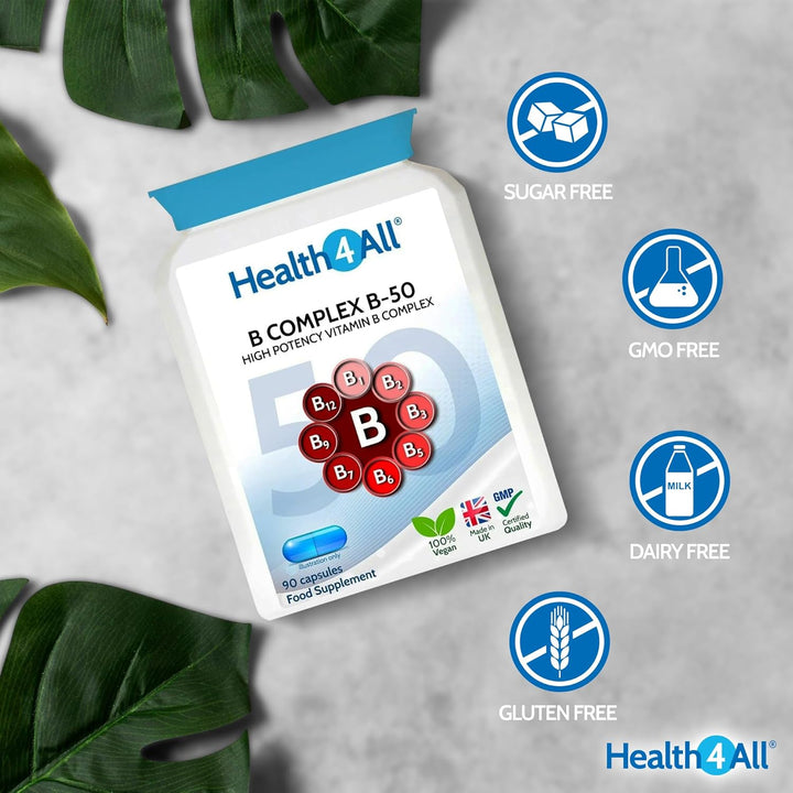 Vitamin B Complex B-50 90 Capsules, 3 Months Supply, High Potency Vegan B-Complex with PABA | Support Cognitive Functions, Energy, Tiredness & Fatigue | Made in UK (Not Tablets)