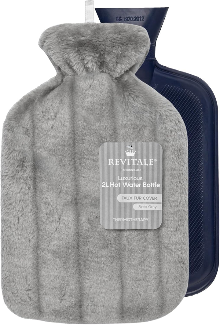 Luxury Cosy Hot Water Bottle 2 Litre, Soft Cover, Single Ribbed Natural Rubber 2025, British Standard BS1970:2012, Durable & Leak-Resistant (Slate Grey)