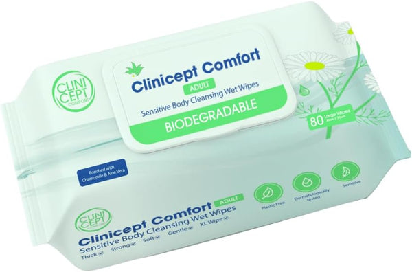 Comfort Biodegradable Sensitive Premium Full Body Adult Cleansing Wet Wipes Large Refreshing Rinse Free Fragrance-Free Bed Bath Intimate Care Soft Sheets. Used by NHS - 80 Wipes