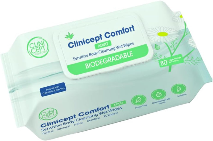 Comfort Biodegradable Sensitive Premium Full Body Adult Cleansing Wet Wipes Large Refreshing Rinse Free Fragrance-Free Bed Bath Intimate Care Soft Sheets. Used by NHS - 80 Wipes