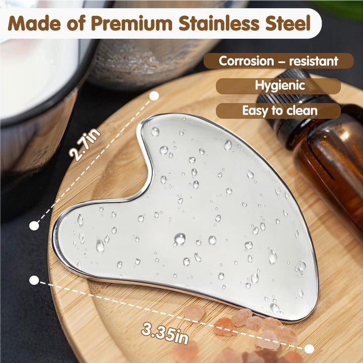 Stainless Steel Gua Sha Facial Tools - Face Massage Tools - Smooth Durable Metal Guasha Tool for Face Body Reduce Puffiness - Massage Scraper Heart Shape Gift (Silver)