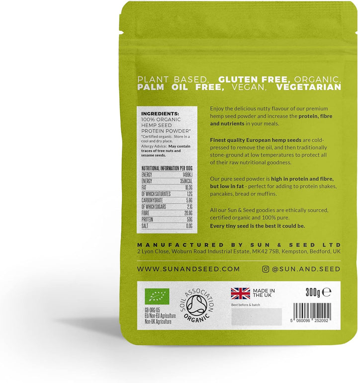 Organic Hemp Seed Protein Powder 300G by  – Raw, Plant-Based Superfood – High Protein, High Fibre, Low Fat – Vegan, Gluten-Free, Omega-3 Rich – EU Grown – Smoothies, Baking, Cooking