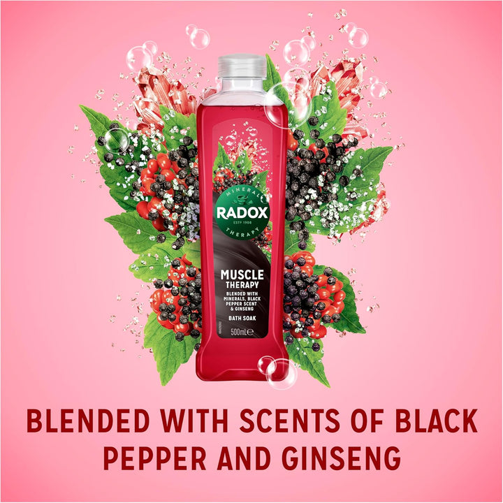 Radox Mineral Therapy Muscle Therapy Bath Soak Uniquely Blended with Minerals, Herbs, Black Pepper & Ginseng for a Rejuvenating Bubble Bath 500 Ml