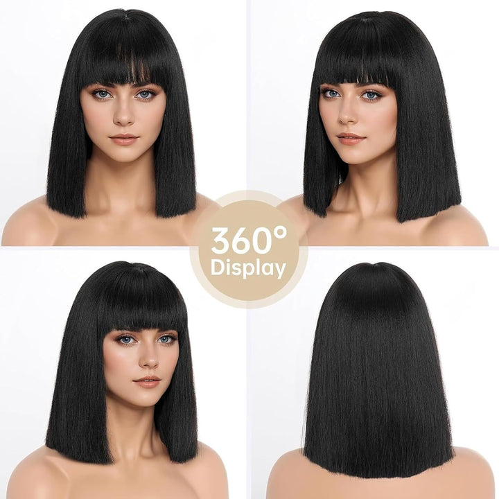 Black Bob Wig for Women, 14" Straight Bob Flat Bangs Short Black Wigs Shoulder Length, Short Bob Straight Wig with Bangs, Carnival Party Cosplay Halloween Hair Wigs for Girls Women