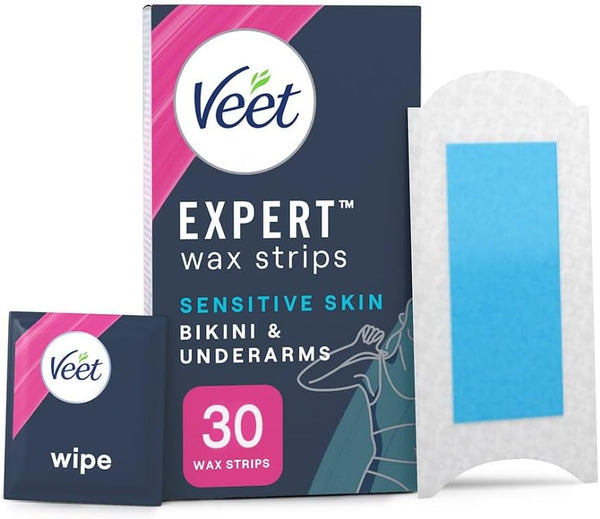 Expert Cold Wax Strips, Bikini & Underarms, Sensitive Skin, 30 Wax Strips (3 Finish Wipes with Argan Oil), Soothing with Almond Oil, Removes Shortest Hair from Root, 28 Days Smoothness