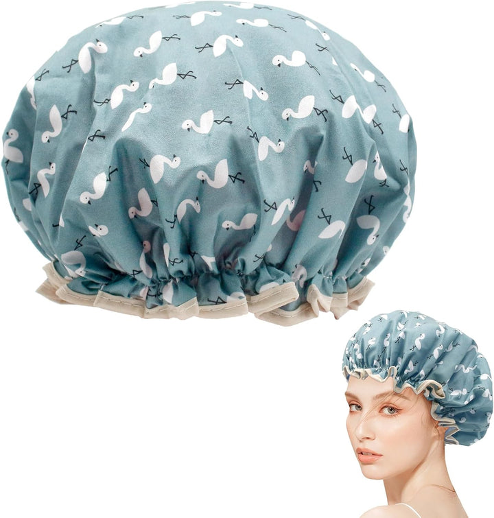 Shower Cap for Women, Elastic Band Waterproof Plastic Shower Cap, Double Layers Reusable with Ruffled Edge Covering Ears for Long, Short and Curly Hair (Pink Bird)
