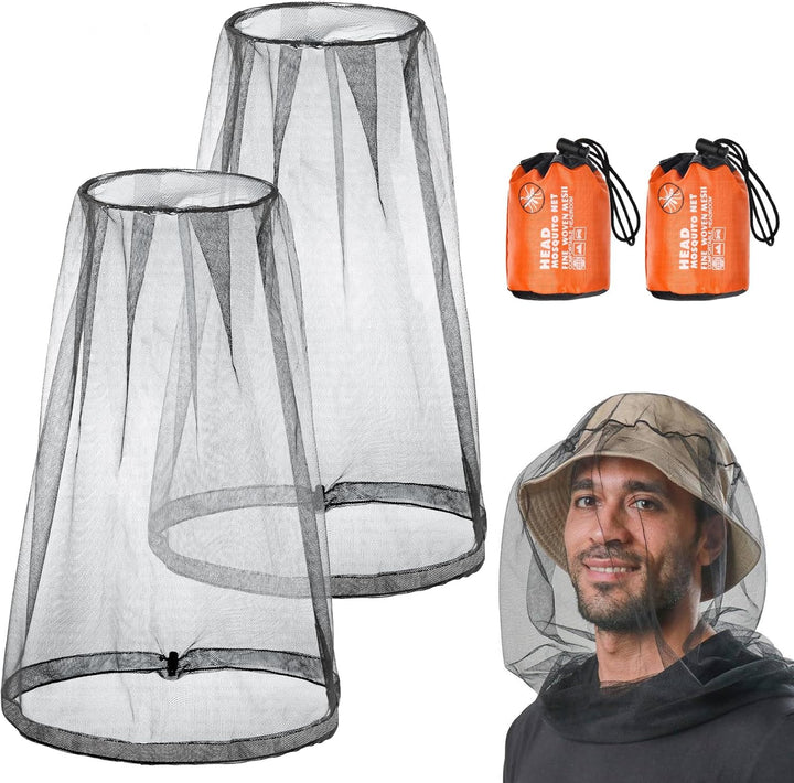 Midge Head Net, Mosquito Head Protecting Net with Storage Bag, Mosquito Head Net Face Mesh, Fine Mesh Insect Netting Cover for Outdoor, Hiking, Camping, Climbing, Walking, Fishing (Grey, 2PCS)