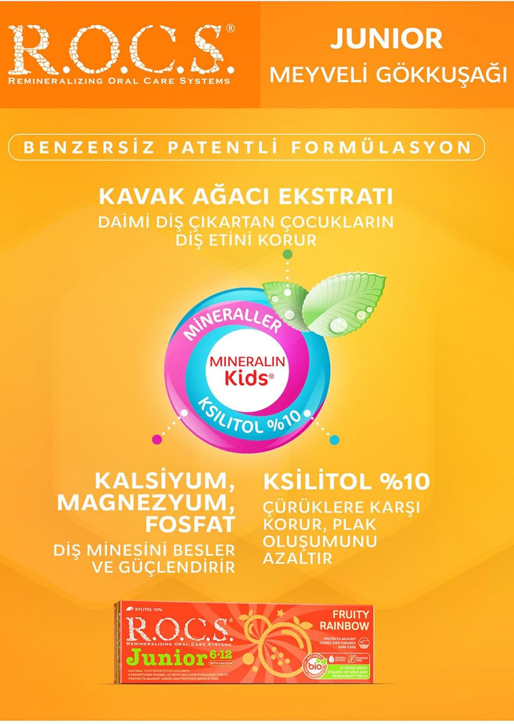 (ROCS) Toothpaste Junior (6-12 Y.O.) Fruity Rainbow 74 G - Fluoride Free - Safe Formula - Safe If Swallowed - Protection against Caries - Remineralization - Protection for Permanent Teeth