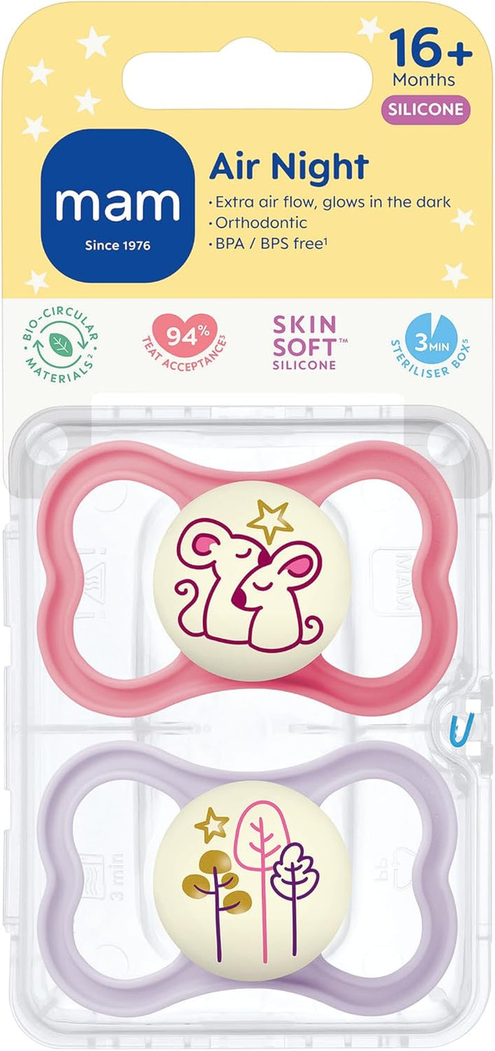 Air Night Soothers | 16 plus Months | 2 Pack | Glow in the Dark Dummies | Comes in Dummy Steriliser Case | Sustainable Materials | Baby Accessories | Pink (Various Designs)