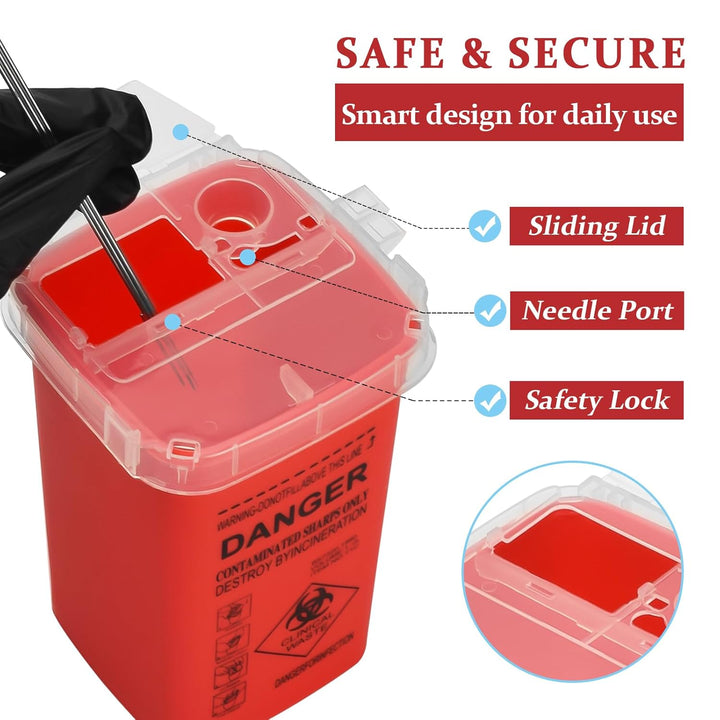 Sharp Container,  1L Tattoo Plastic Sharp Container Tattoo Medical Disposal Biohazard Needle Waste Box Safe Lock Container Tattoo Supplies (1Pc Red)