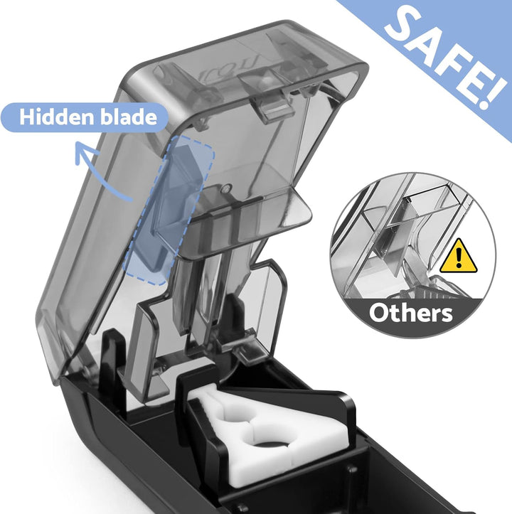 Pill Cutter for Small or Large Pills, Splitter with V-Shape Holder, Medicine Slicer with Sharp Blade, Two Large Organizers - Black