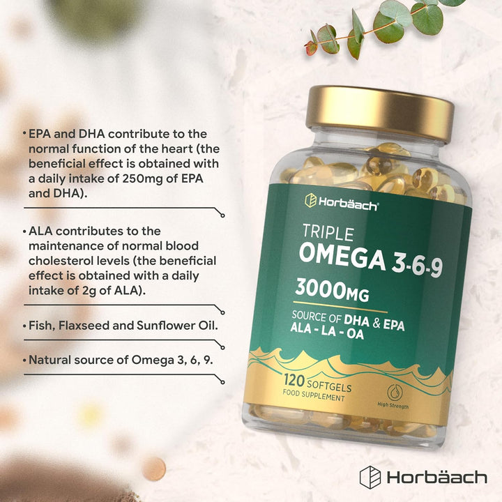 Triple Omega 3 6 9 Capsules 3000Mg ALA, LA & OA | 120 Softgels | High Strength EPA & DHA Essential Fatty Acids | Supplement with Fish Oil, Flaxseed & Sunflower Oil | by