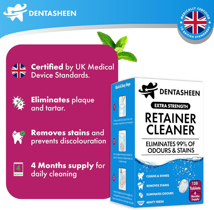 Retainer Cleaner Tablets - 120 Tablets 4 Months Supply - Fresh, Brite and Stain-Free Retainer Cleaning Tablets, Aligner, Gum Shield, Mouth Guard, Denture Cleaners - Dentasheen