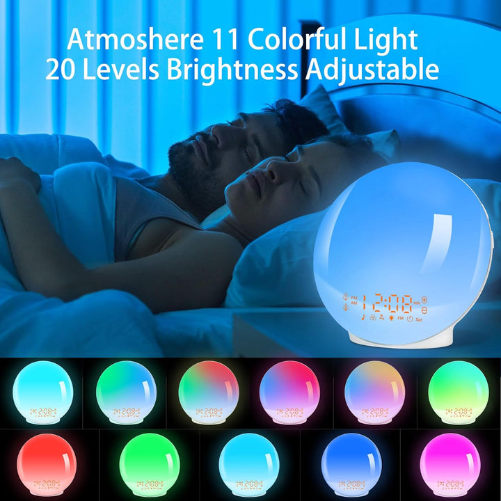 Sunrise Alarm Clocks, Wake up Light with Sunrise/Sunset Simulation Dual Alarms Bedside Night Lamp Snooze Function FM Radio 7 Natural Sound 11 Colorful Atmosphere Lamp(White)