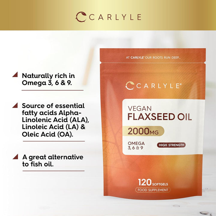Flaxseed Oil Capsules 2000Mg | 120 Vegan Softgels | High Strength Supplement with Omega 3 6 & 9 | Cold Pressed | by