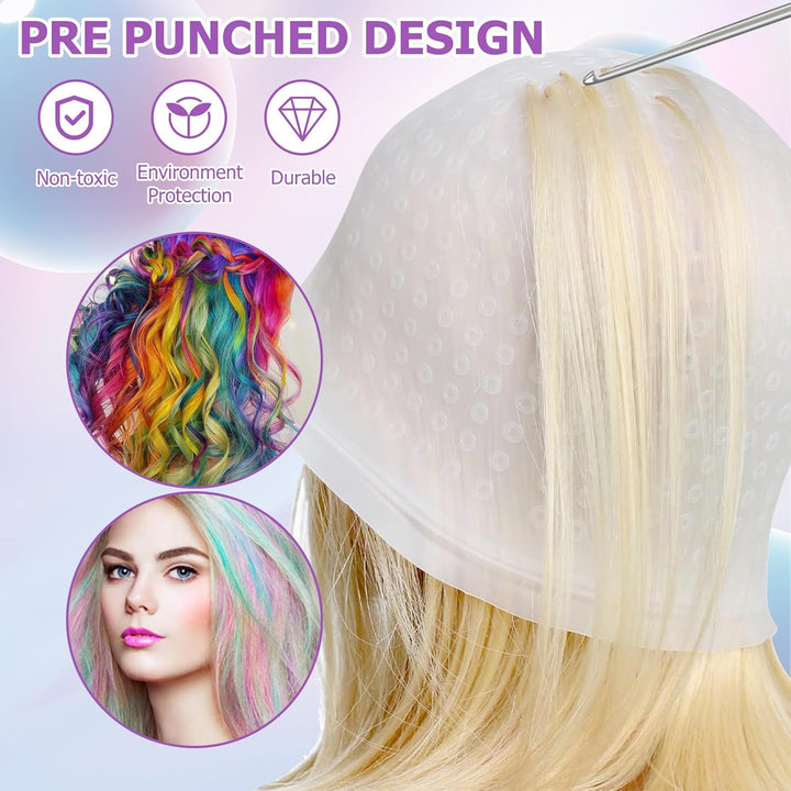 Silicone Highlighting Cap with Pre-Punched Holes, Reusable Professional Unisex Hair Streaking Cap with Hair Picking Hook for Hair Coloring Dyeing Staining, Salon and Home Use (White, 1 Pcs)
