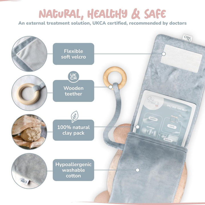 Baby Colic & Gas Relief Heating Tummy Wrap Blue - Hot & Cold Clay Pack for Bruises & Gassy Belly - Ukca-Certified - Wooden Teether, Soft Plush Swaddle Band, Premium Belt for Infant Newborn