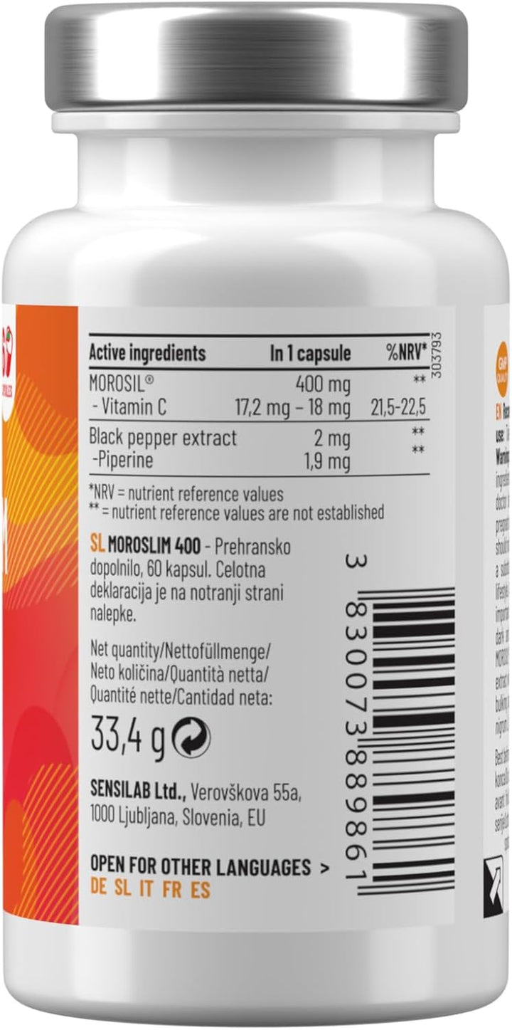 Morosil Capsules 400 Mg, Vitamin C Antioxidant and Black Pepper for Better Absorption, High Dose - 60 Vegan Capsules for 60 Days, Moroslim