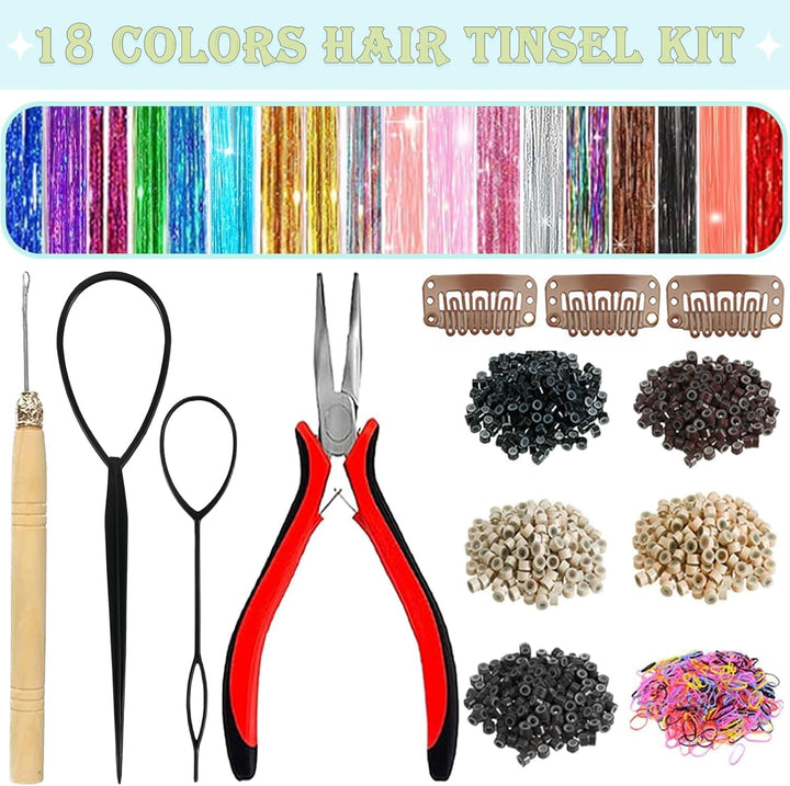 Hair Tinsel,18 Colors Hair Tinsel Kit for Girls 7600 Strands Fairy Tinsel Hair Extensions Holographic Hair Tinsel Heat Resistant Colored Hair Glitter Christmas Party Festival