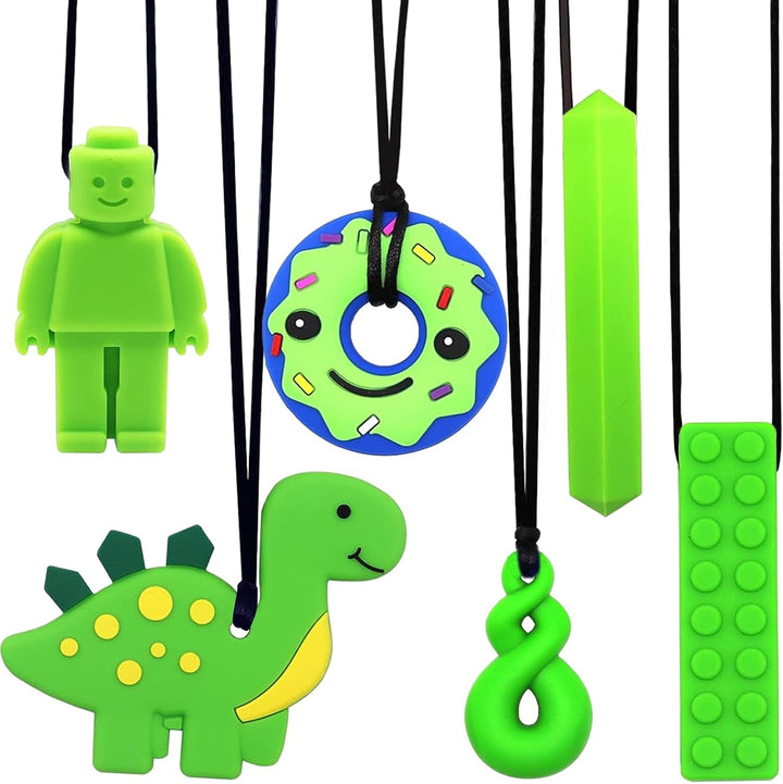 6PCS Sensory Chew Necklace, Teether Chew Toys Safety Food Grade Silicone for Kids Toddlers ADHD, Autistic, Biting Needs, Oral Motor Teether Chew Pendant Toy with Adjustable Buckle for Baby Boys(Green)