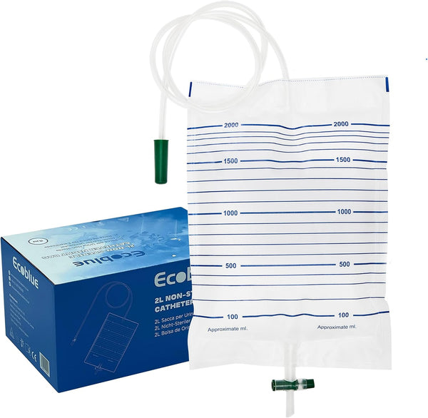 10 Pcs Pack - ECOBLUE Urine Drainage Bags 2000Ml Capacity – Non Sterile Night Bags with T-Tap Valve and 85Cm Tube - 10-Pack Drainable Urinary Bags - Non-Latex Catheter Night Bag