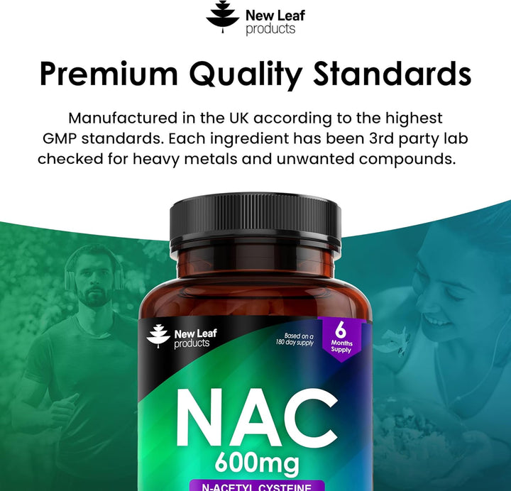 NAC N-Acetyl-Cysteine 600Mg Capsules N-Acetyl Cysteine Nutritional Supplements 180 NAC Capsules - Nac Supplement High Bioavailability Amino Acid - Vegan Friendly - Made in UK by New Leaf