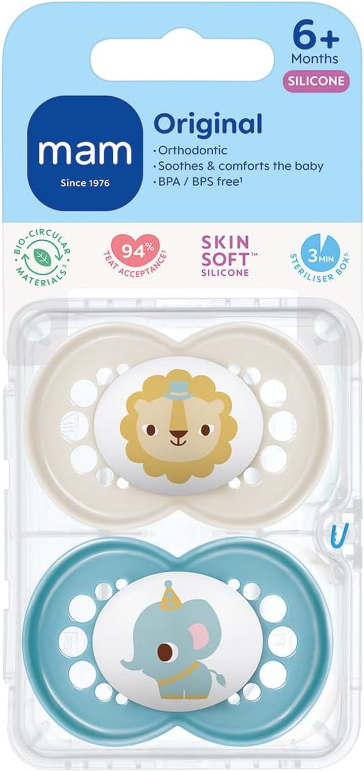 Original Soothers | 6 plus Months | 2 Pack | Comes in Dummy Steriliser Case | Sustainable Materials | Baby Accessories | Blue (Various Designs)