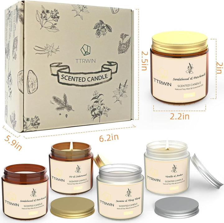 Scented Candles Gift Set, 4 Pack Natural Soy Candles: Jasmine & Ylang Ylang, Sandalwood & Patchouli, Fir & Cedarwood, Vanilla & Amber, Aromatherapy Gift for Christmas Birthday
