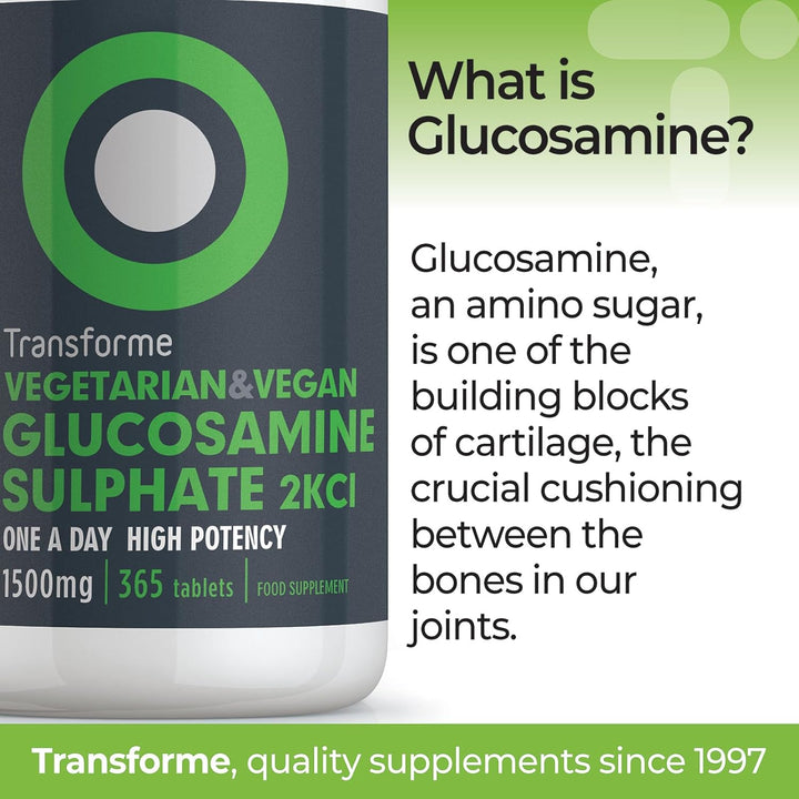 Glucosamine Sulphate 2Kcl 1500Mg 365 Tablets, 1 Year Supply, Vegan High Strength Glucosamine, 1 Coated Breakable Tablet per Day, UK Made Supplement for Men and Women by