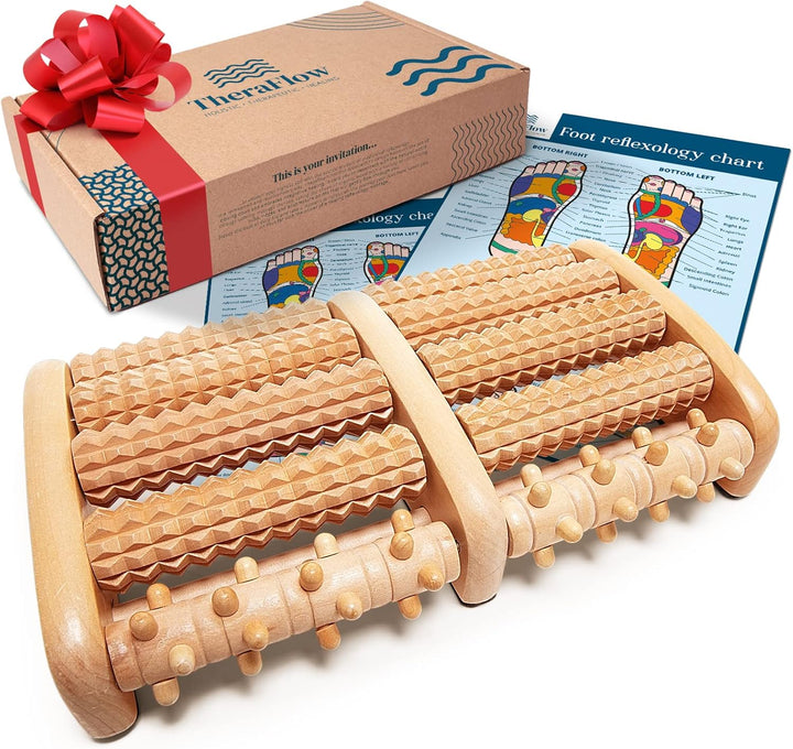 Wooden Foot Massager Roller - Acupressure Plantar Fasciitis Massager, Wellness & Walking Gifts for Women & Men, Foot Massagers for Pain and Circulation (Plus Reflexology Chart)