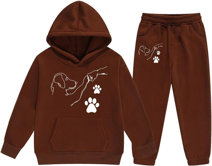 Girls Casual Hooded Tracksuit with Cute Cartoon Fist Bump Print and Drawstring Pockets for Autumn Winter Season