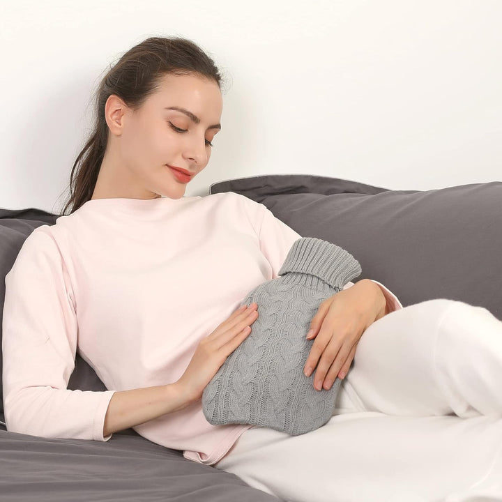 Hot Water Bottle with Knitted Cover, 2L Hot Water Bag for Hot and Cold Compress, Hand Feet Warmer, Neck and Shoulder Pain Relief, Gray