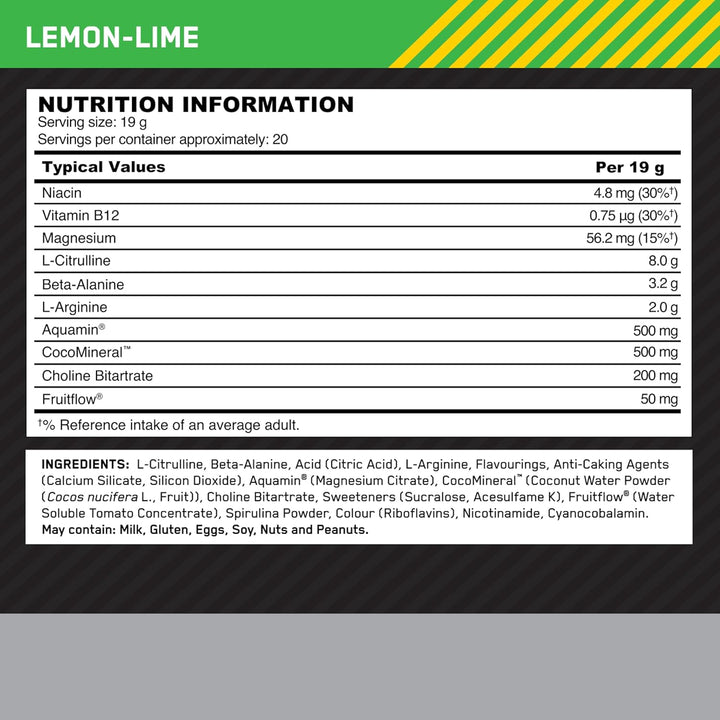 on Platinum Pump Pre-Workout, Intense Caffeine-Free Pre-Workout Food Supplement with Fruitflow, Beta-Alanine, L-Arginine, L-Citrulline, Lemon Lime Flavour, 20 Servings, 380 G
