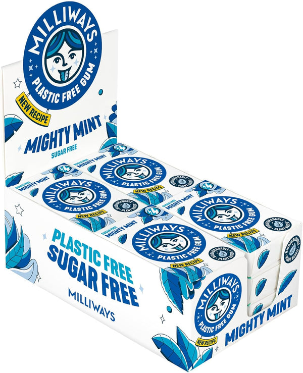 Mighty Mint Chewing Gum, Plastic Free, Sugar Free, Aspartame Free, Natural | 12 Packs of 10 Pieces (120 Pieces Total) | Xylitol, Plant-Based, Biodegradable