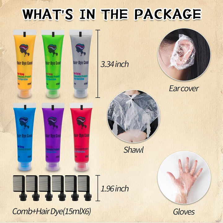 Hair Dye for Dark Hair, Temporary Hair Colour Comb for Girl & Women. Great Gift on Birthday Halloween Christmas Cosplay Party, Easy Washable and Safety Hair Chalk Comb(6 Bright Colour)