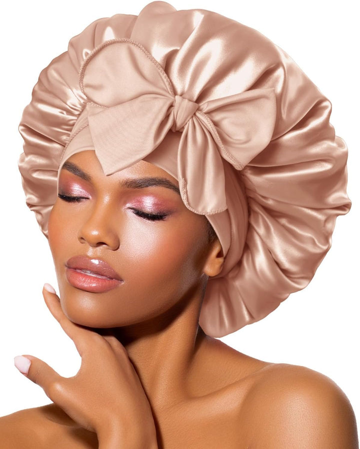 Silk Bonnet for Sleeping for Curly Hair, Satin Bonnet Hair Wrap for Women & Men, Adjustable Silk Scarf Night Cap with Tie Band, Champagne
