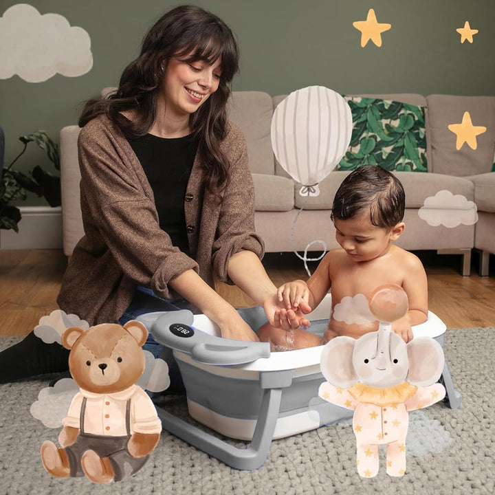 Collapsible Baby Bath Tub with Thermometer - Baby Bath Support for Newborn Bath - Portable Bathtub with Drain Plug for Travel - anti Slip Tub with Shower Jug and Toy 0-24 Months (Grey)