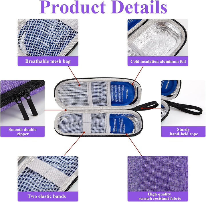 Insulin Cooler Travel Case,Small Medicine Cool Bag with 2 Ice Packs for Diabetic Needles Injection Pen Storage,Portable Monjaro Travel Case Medical Medication Insulated Box for Diabetes (Purple)