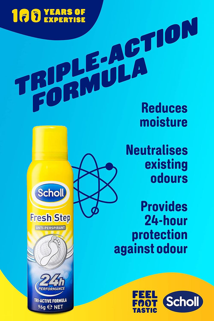Scholl Fresh Step Antiperspirant Spray, 96G - anti Odour Shoe Spray, up to 24 Hour Freshness, Tri-Active Formula, Pack of 1