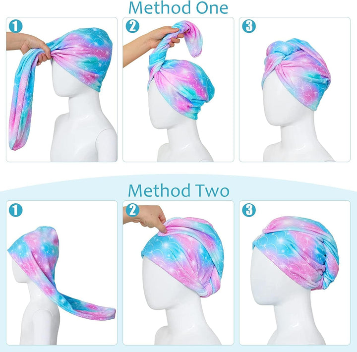 2 Pack Microfibre Hair Towels - Quick Drying & Ultra Absorbent, with Button. Designed for Wet Hair Wraps, Women'S & Girls' (Mermaid)