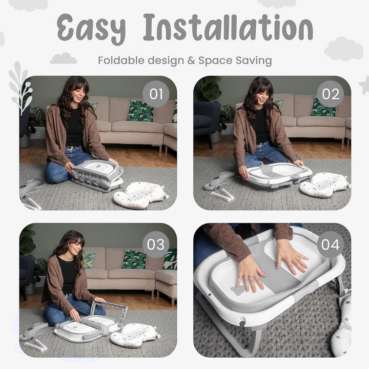 Collapsible Baby Bath Tub with Thermometer - Baby Bath Support for Newborn Bath - Portable Bathtub with Drain Plug for Travel - anti Slip Tub with Shower Jug and Toy 0-24 Months (Grey)