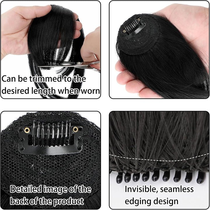 100% Human Hair Bangs Clip in Hair Extensions for Women, French Bangs Fringe with Temples, Natural Color, Washable, for Daily, Wedding, Party (Heat Resistant, Lightweight)