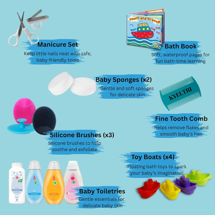 Baby Bath Bundle with Baby Toiletries, Silicone Baby Brushes and Comb for Cradle Cap and Baby Massage with Baby Sponges, Bath Book, Boats and Baby Manicure Set