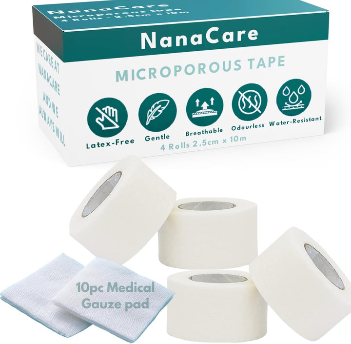Micropore Surgical Tape 2.5Cm X 10M (4 Rolls) + 10Pc Gauze Swab | Micropore Tape | Medical Tape for Skin, Dressings and Face|Microporous Tape | First Aid Tape Suitable for Sensitive Skin