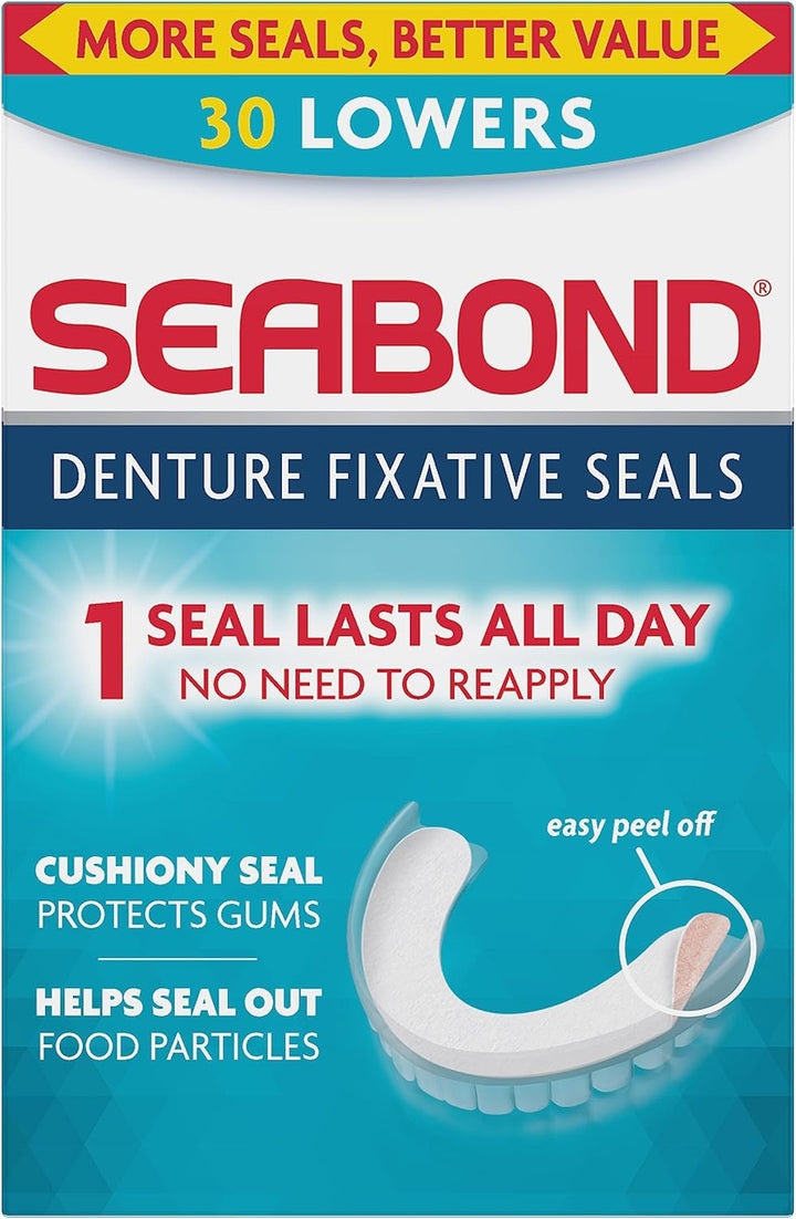 Denture Fixative Seals, Soft Adhesive Cushion, Last All Day, Protect Gums & Help Seal Out Food Particles, 30 Lowers