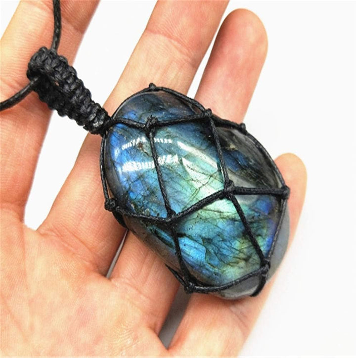 Natural Labradorite Crystal Necklace Healing Chakra Pendant with Hand-Woven Rope Labradorite Palm Stone Moonstone Healing Stone Pendant